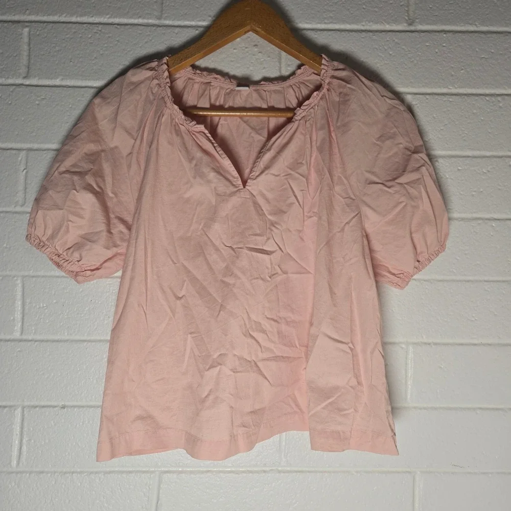 Old Navy Powder Pastel Pink Bamboo Top Medium Cotton Puff Sleeve Preppy Cottage